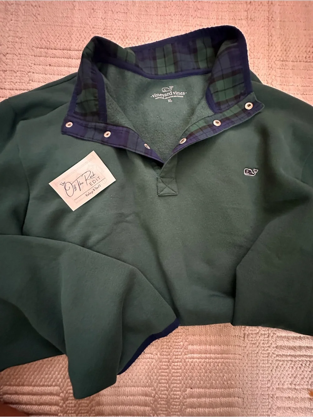 Vintage Vineyard Vines Dark Green Quarter-Snap Pullover with Navy Tartan Trim